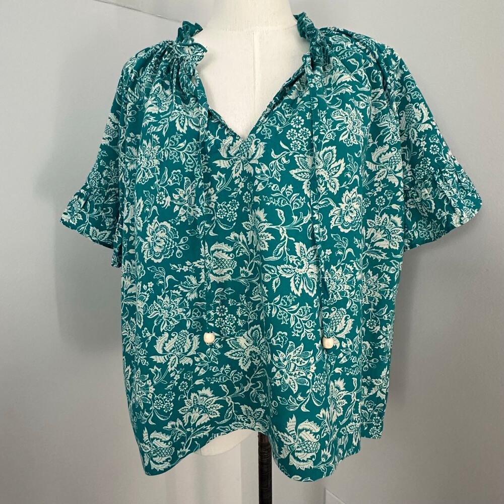 Tuckernuck Teal Garden Floral Ruffle-Neck Blouse Cottagecore Boho Vacation Top M